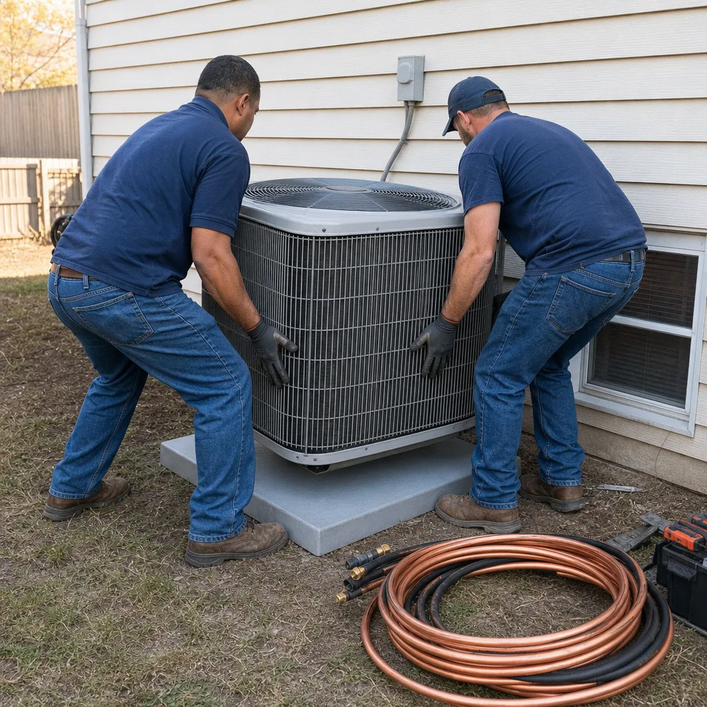 Two HVAC technicians installing an outdoor air conditioning unit