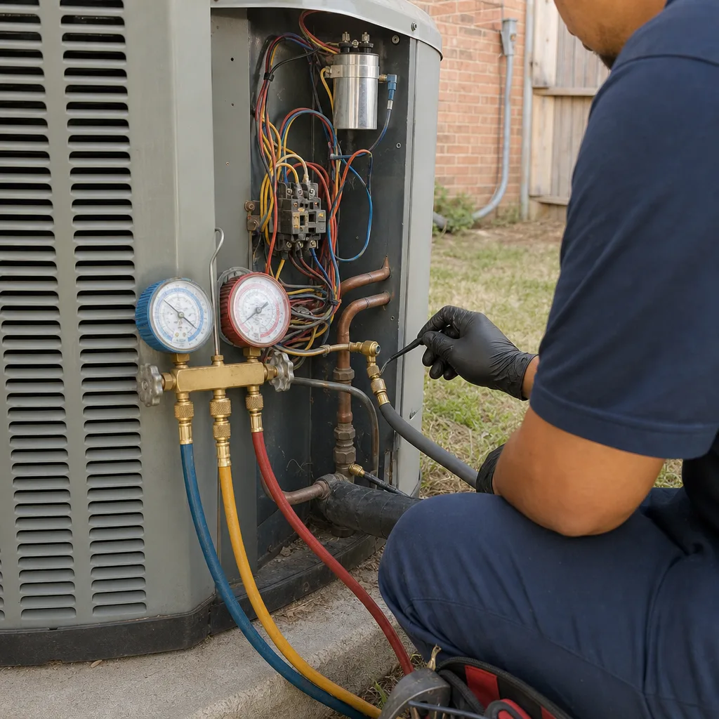 HVAC technician performing professional AC repair on an outdoor unit