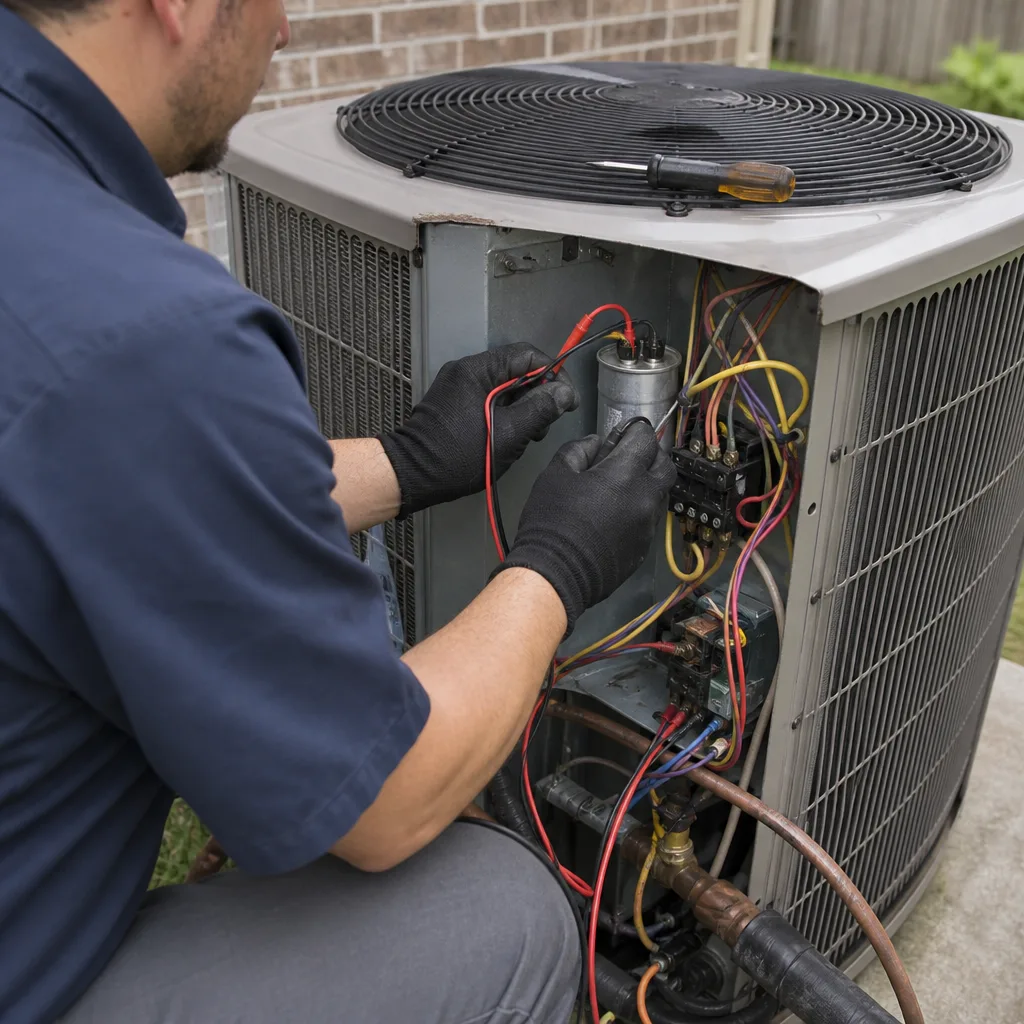 HVAC technician performing professional air conditioning repair and maintenance service