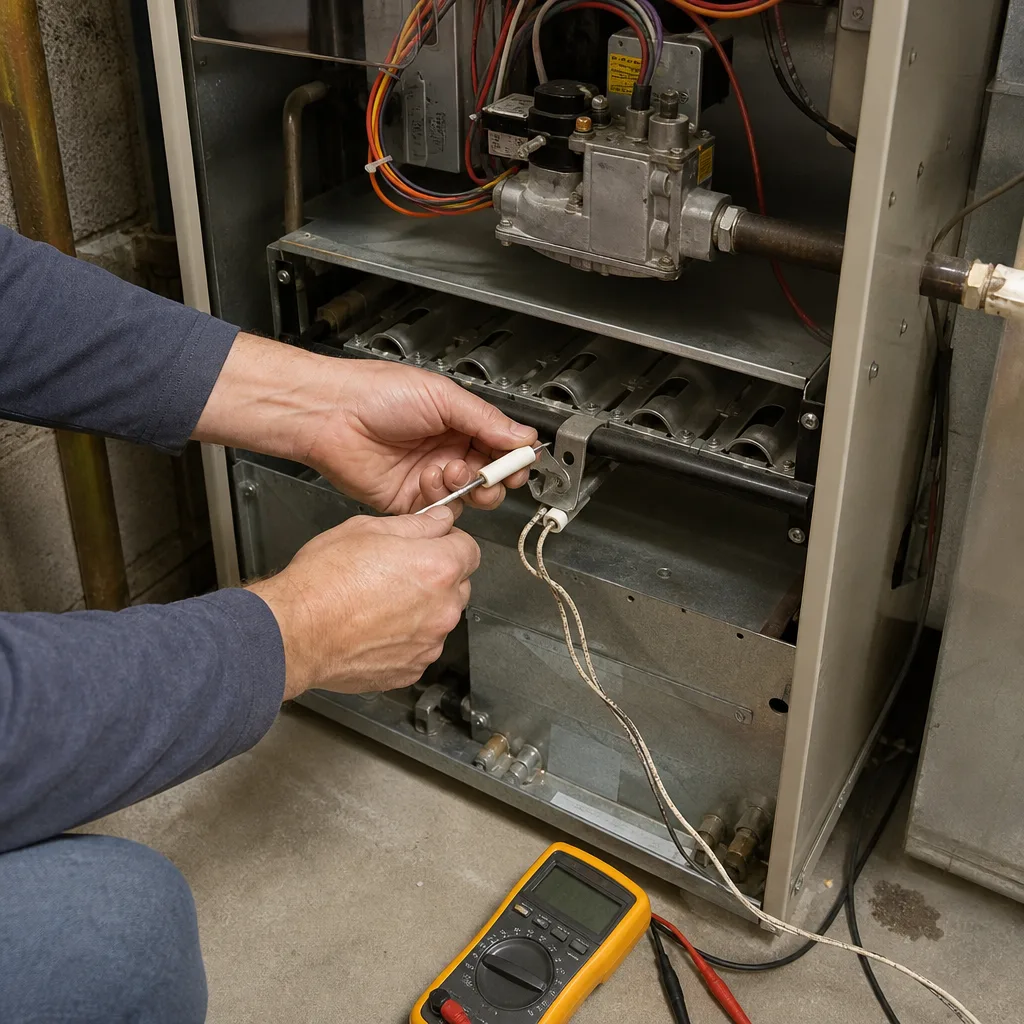HVAC technician performing professional furnace repair and electrical maintenance
