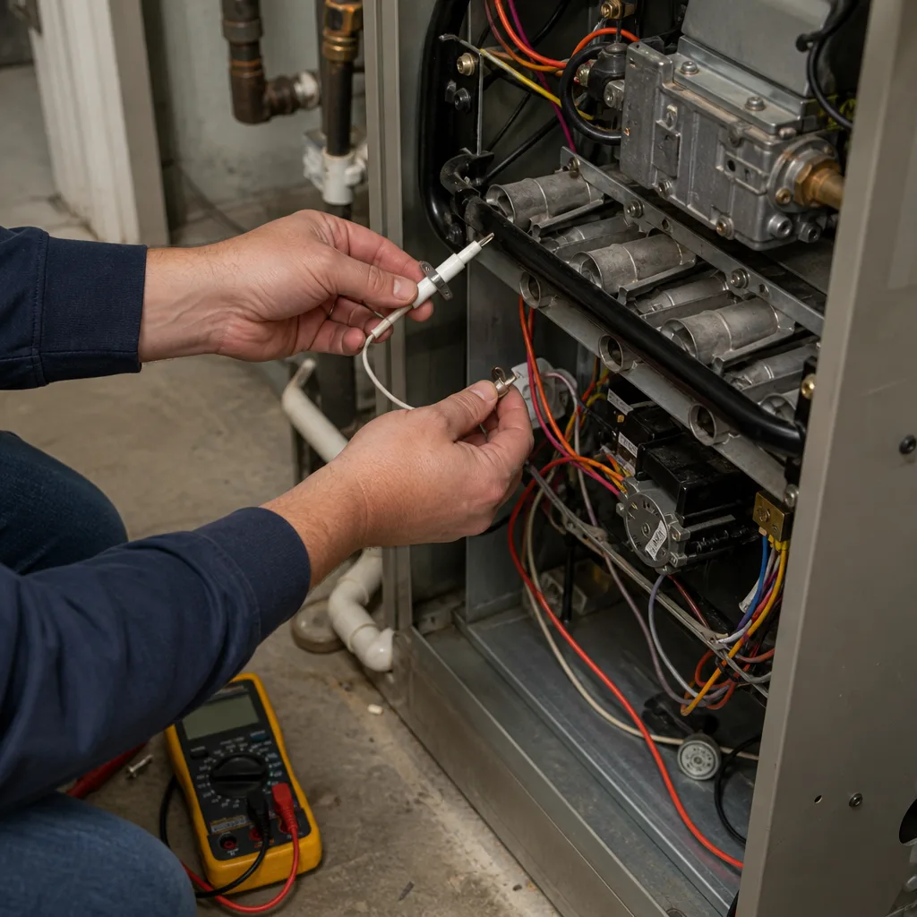 HVAC technician performing a professional furnace repair and electrical diagnostic