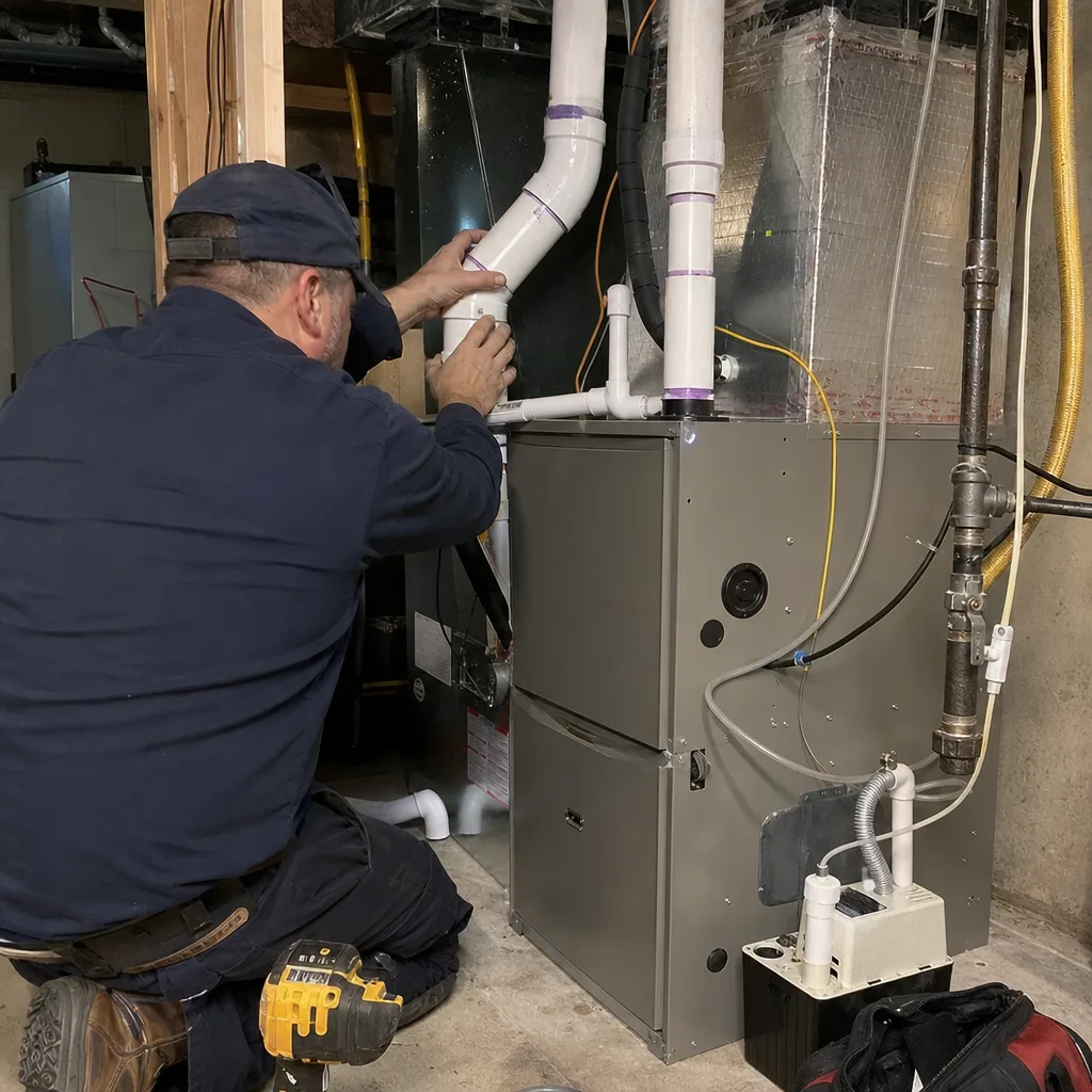 HVAC technician performing professional furnace repair and pipe installation