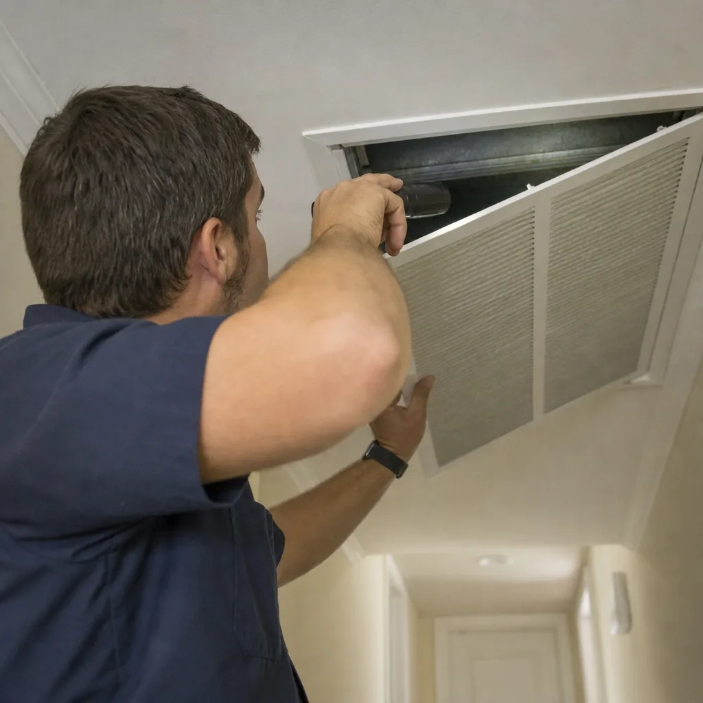 HVAC technician inspecting a ceiling heat pump unit during installation