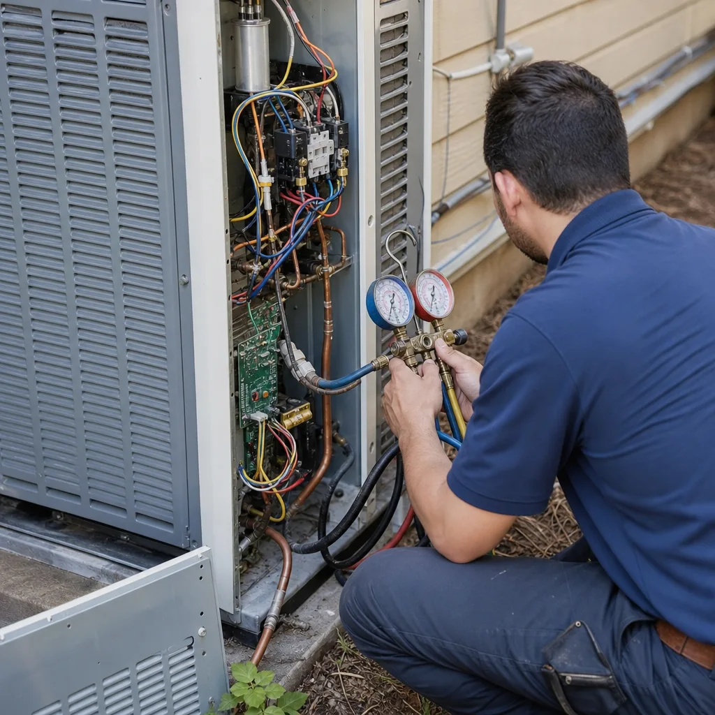 HVAC technician performing professional heat pump diagnostic service on outdoor unit