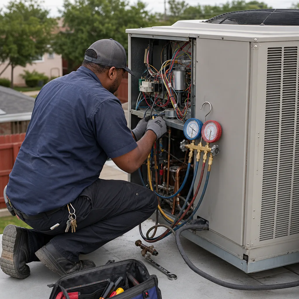 HVAC technician performing heat pump installation on an outdoor unit